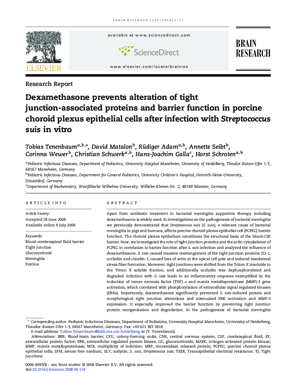 Dexamethasone prevents alteration of tight junction-associated proteins and barrier function in porcine choroid plexus epithelial cells after infection with Streptococcus suis in vitro