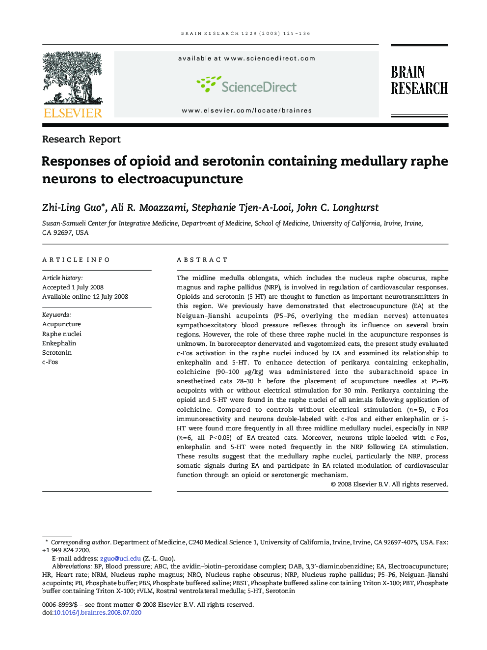 Responses of opioid and serotonin containing medullary raphe neurons to electroacupuncture