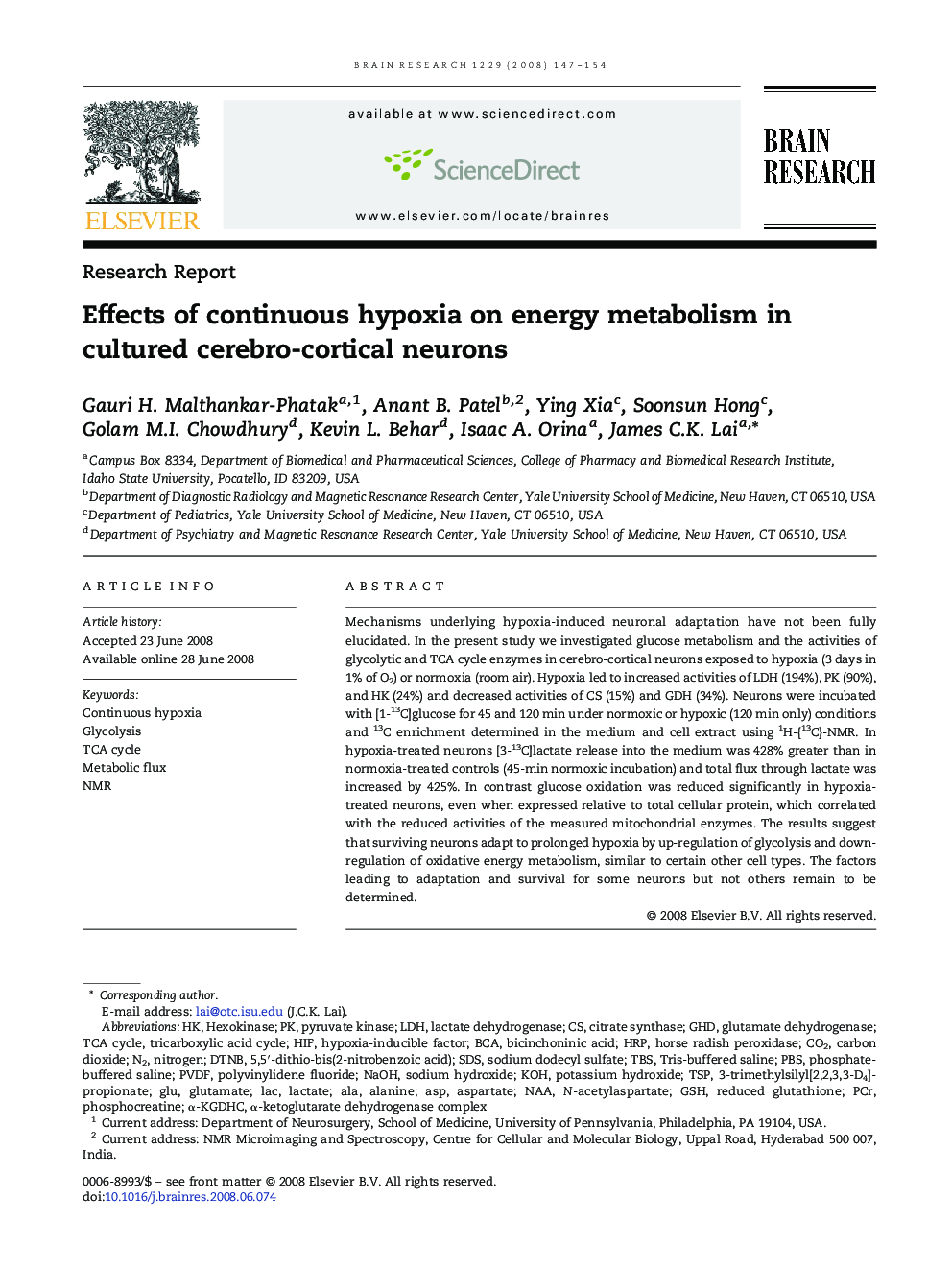 Effects of continuous hypoxia on energy metabolism in cultured cerebro-cortical neurons