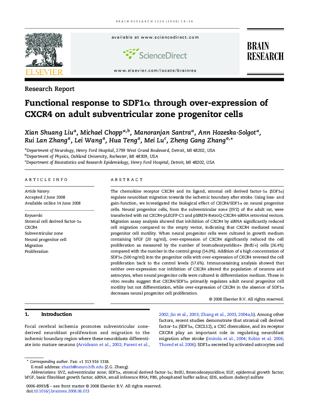 Functional response to SDF1α through over-expression of CXCR4 on adult subventricular zone progenitor cells