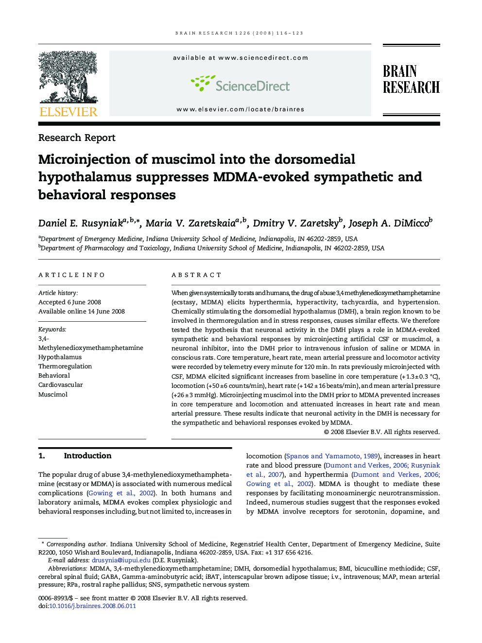 Microinjection of muscimol into the dorsomedial hypothalamus suppresses MDMA-evoked sympathetic and behavioral responses