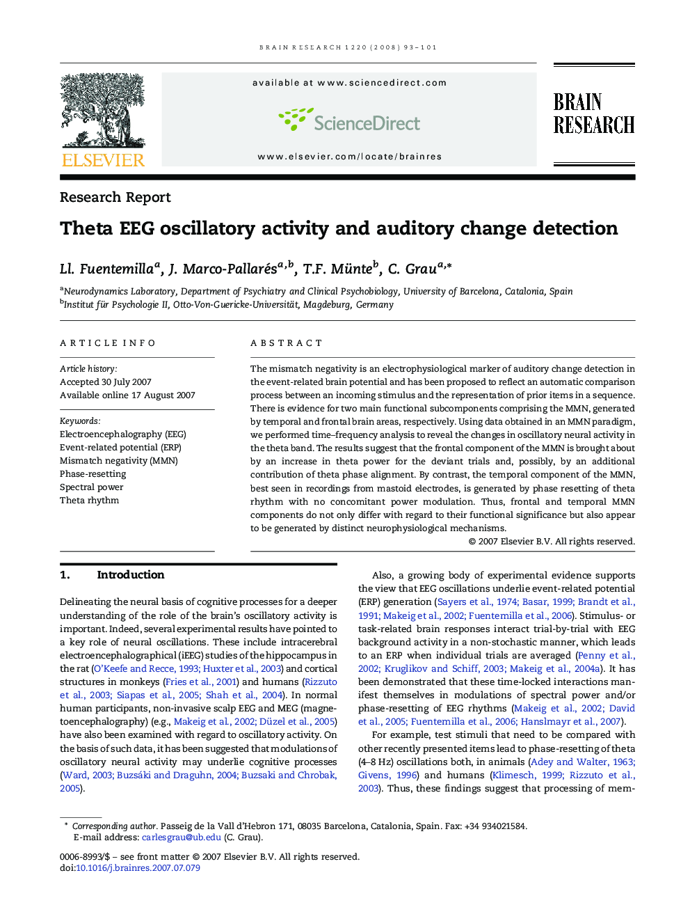 Theta EEG oscillatory activity and auditory change detection