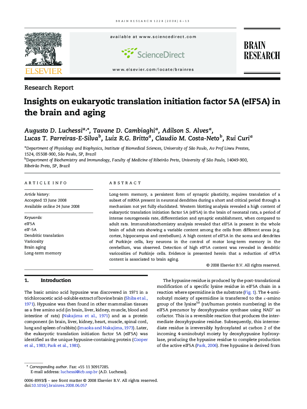 Insights on eukaryotic translation initiation factor 5A (eIF5A) in the brain and aging