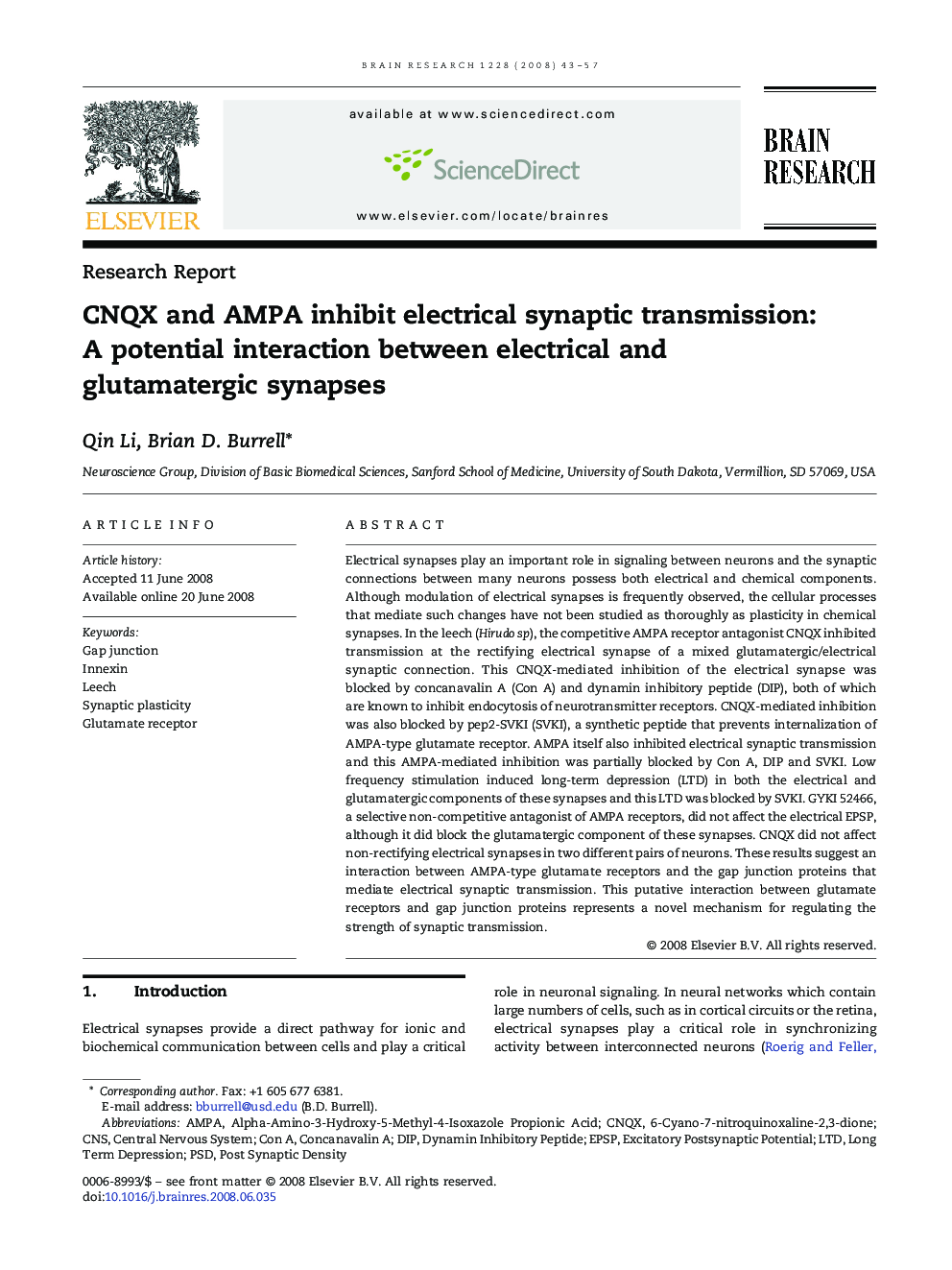 CNQX and AMPA inhibit electrical synaptic transmission: A potential interaction between electrical and glutamatergic synapses