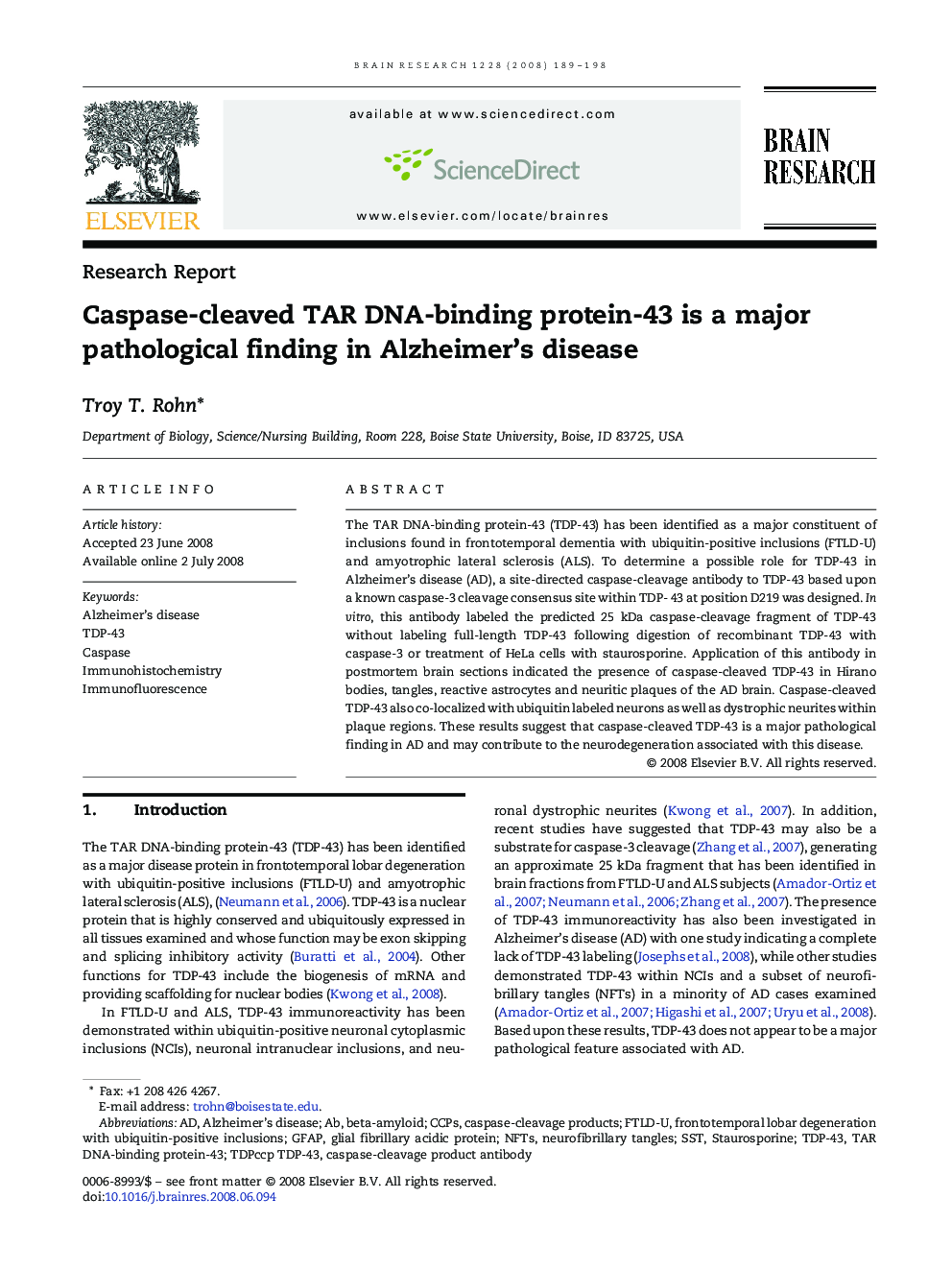 Caspase-cleaved TAR DNA-binding protein-43 is a major pathological finding in Alzheimer's disease