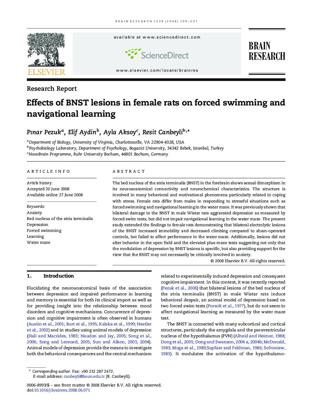 Effects of BNST lesions in female rats on forced swimming and navigational learning