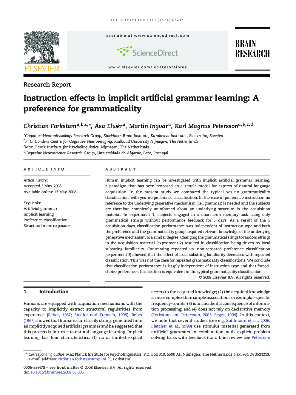 Instruction effects in implicit artificial grammar learning: A preference for grammaticality