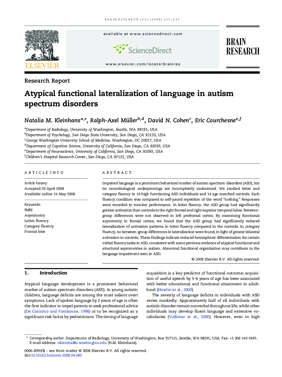 Atypical functional lateralization of language in autism spectrum disorders