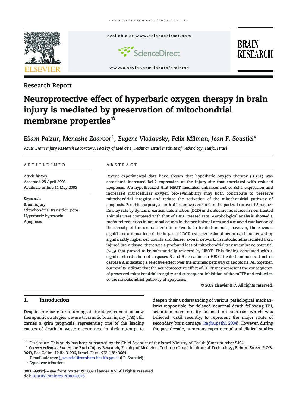 Neuroprotective effect of hyperbaric oxygen therapy in brain injury is mediated by preservation of mitochondrial membrane properties 