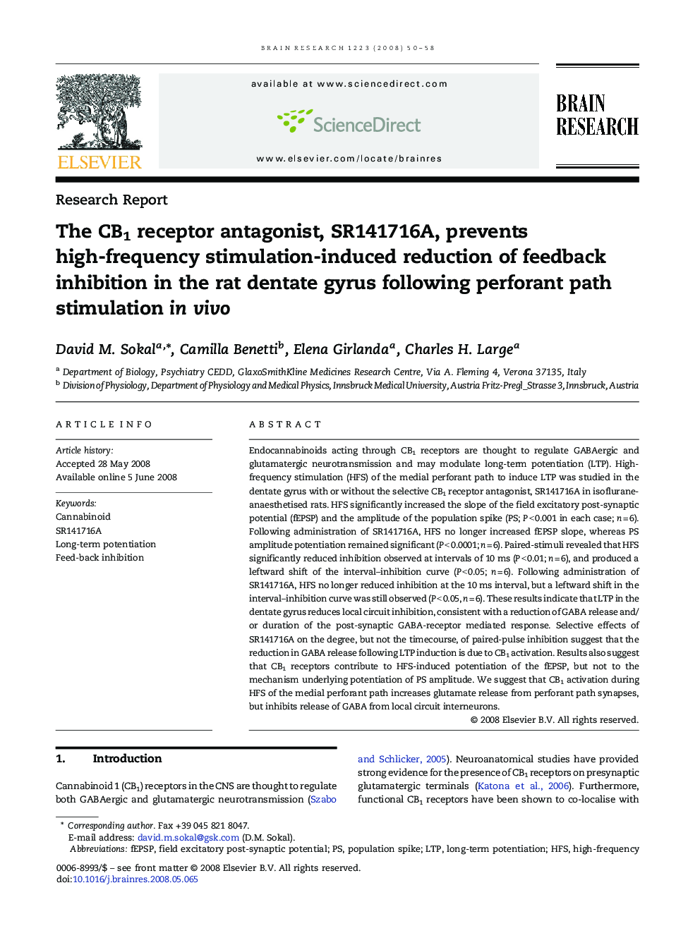 The CB1 receptor antagonist, SR141716A, prevents high-frequency stimulation-induced reduction of feedback inhibition in the rat dentate gyrus following perforant path stimulation in vivo