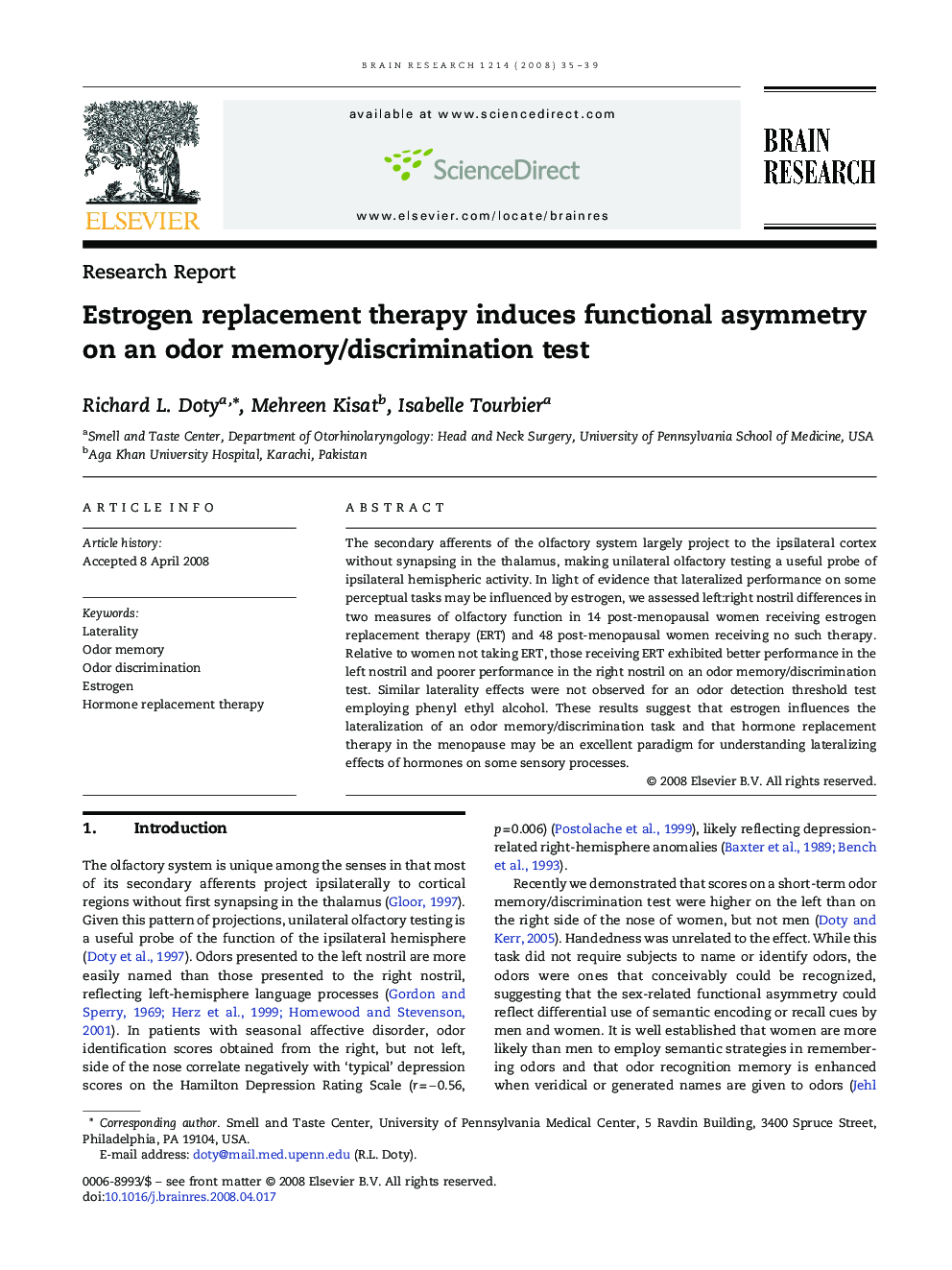 Estrogen replacement therapy induces functional asymmetry on an odor memory/discrimination test