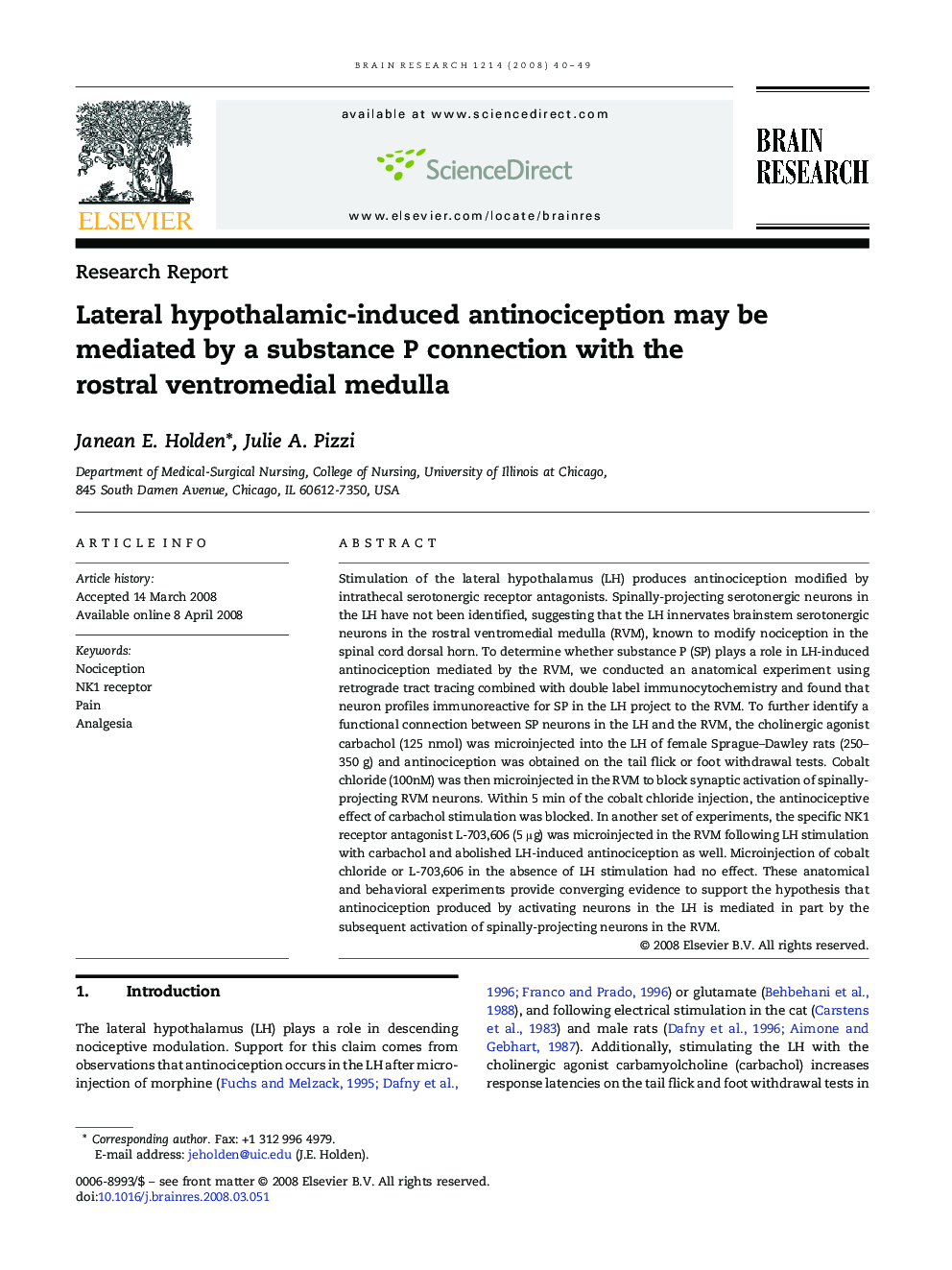 Lateral hypothalamic-induced antinociception may be mediated by a substance P connection with the rostral ventromedial medulla