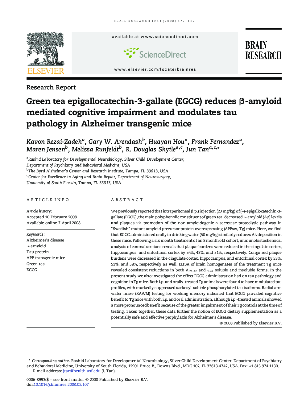 Green tea epigallocatechin-3-gallate (EGCG) reduces β-amyloid mediated cognitive impairment and modulates tau pathology in Alzheimer transgenic mice