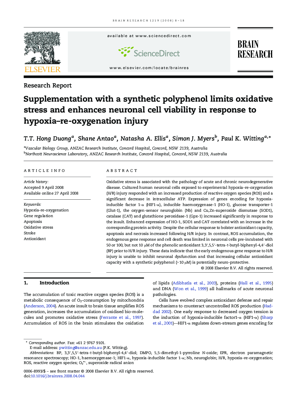 Supplementation with a synthetic polyphenol limits oxidative stress and enhances neuronal cell viability in response to hypoxia–re-oxygenation injury