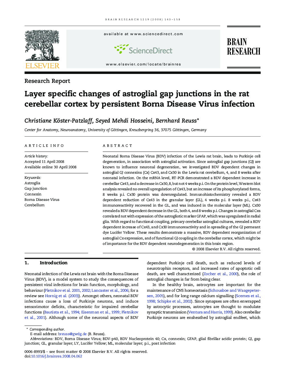 Layer specific changes of astroglial gap junctions in the rat cerebellar cortex by persistent Borna Disease Virus infection