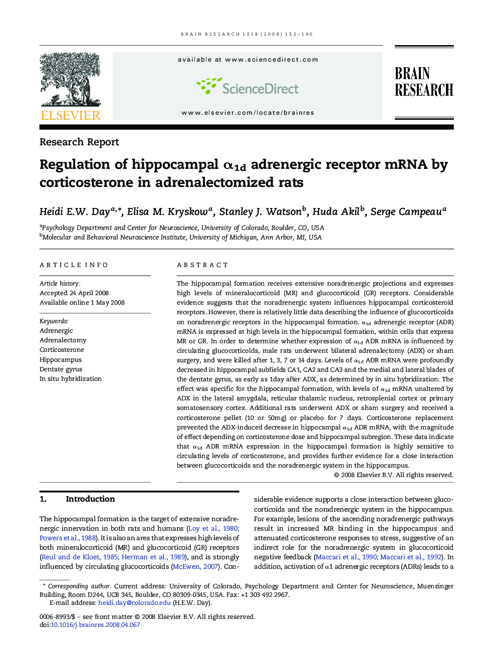 Regulation of hippocampal α1d adrenergic receptor mRNA by corticosterone in adrenalectomized rats