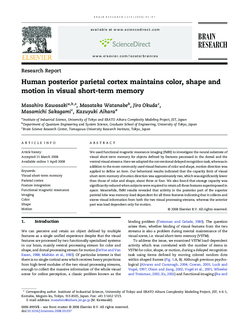 Human posterior parietal cortex maintains color, shape and motion in visual short-term memory