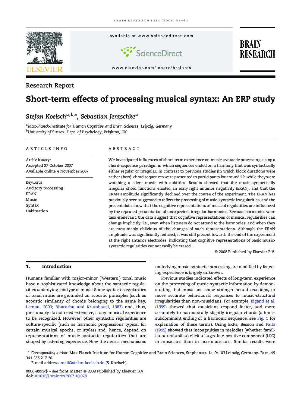 Short-term effects of processing musical syntax: An ERP study