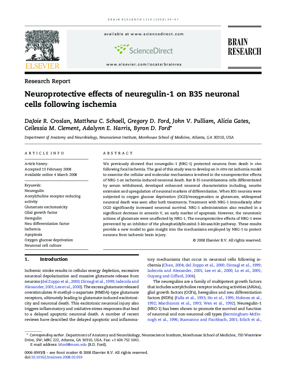 Neuroprotective effects of neuregulin-1 on B35 neuronal cells following ischemia