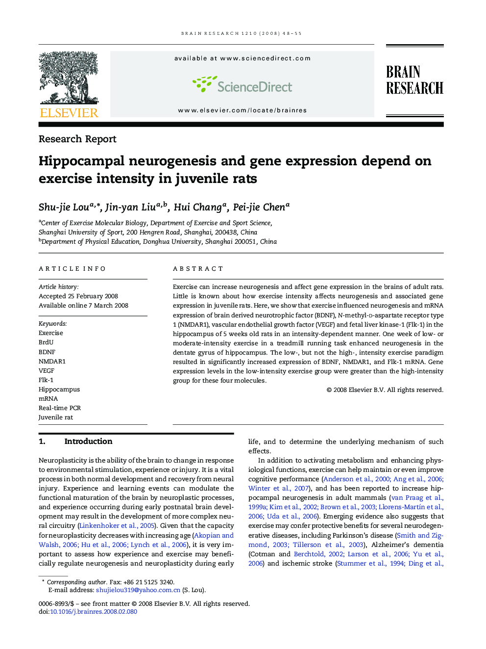 Hippocampal neurogenesis and gene expression depend on exercise intensity in juvenile rats