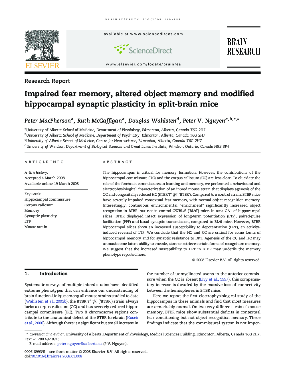 Impaired fear memory, altered object memory and modified hippocampal synaptic plasticity in split-brain mice