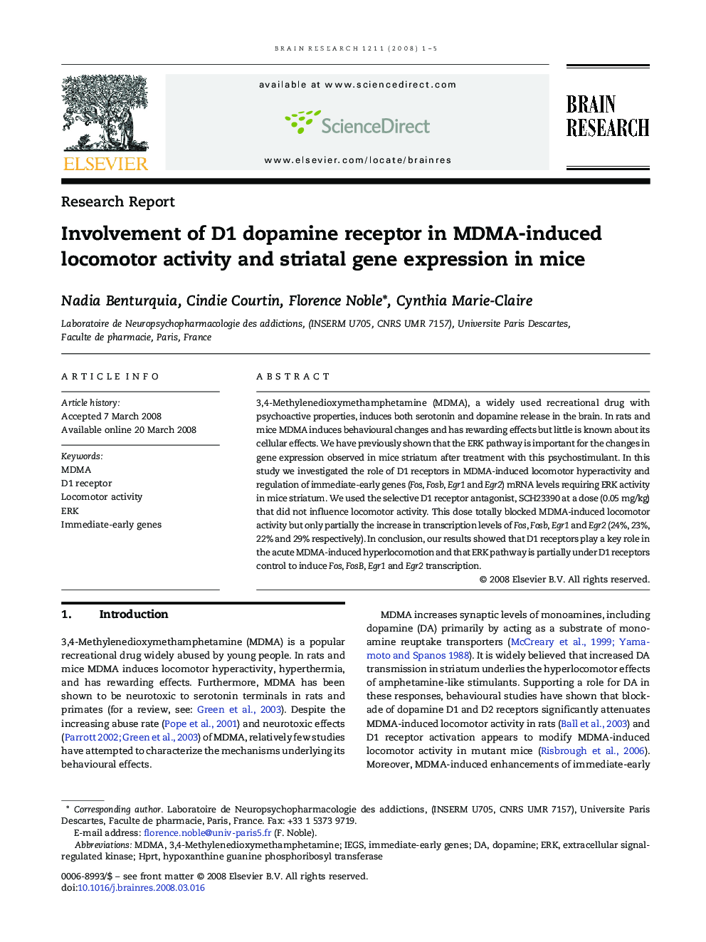 Involvement of D1 dopamine receptor in MDMA-induced locomotor activity and striatal gene expression in mice