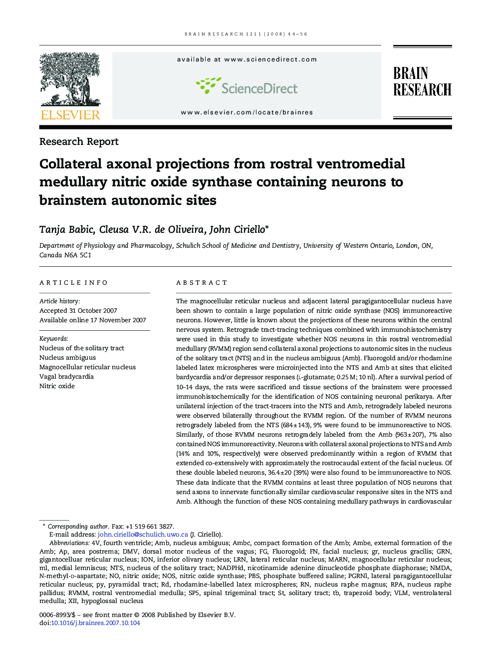 Collateral axonal projections from rostral ventromedial medullary nitric oxide synthase containing neurons to brainstem autonomic sites