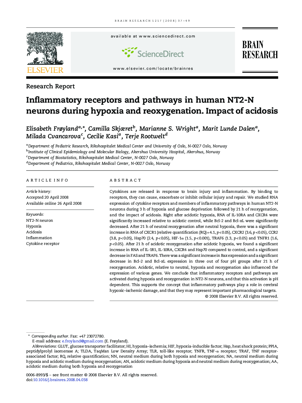 Inflammatory receptors and pathways in human NT2-N neurons during hypoxia and reoxygenation. Impact of acidosis