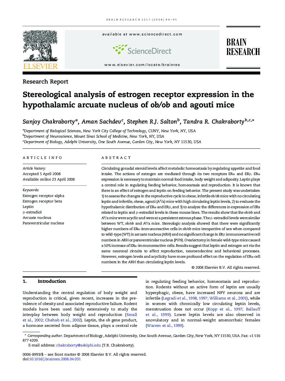 Stereological analysis of estrogen receptor expression in the hypothalamic arcuate nucleus of ob/ob and agouti mice