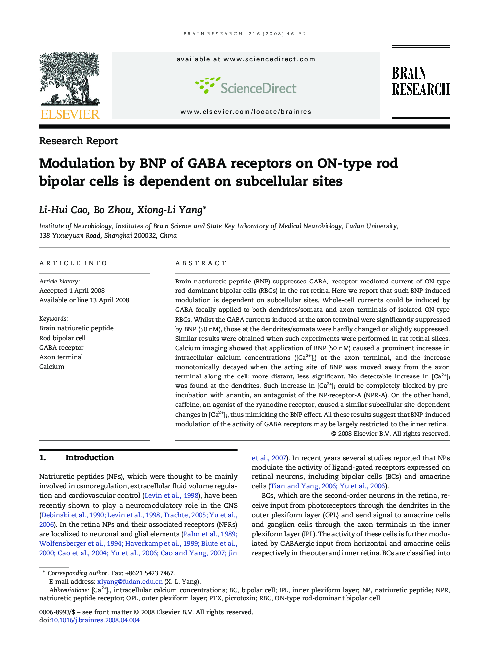 Modulation by BNP of GABA receptors on ON-type rod bipolar cells is dependent on subcellular sites