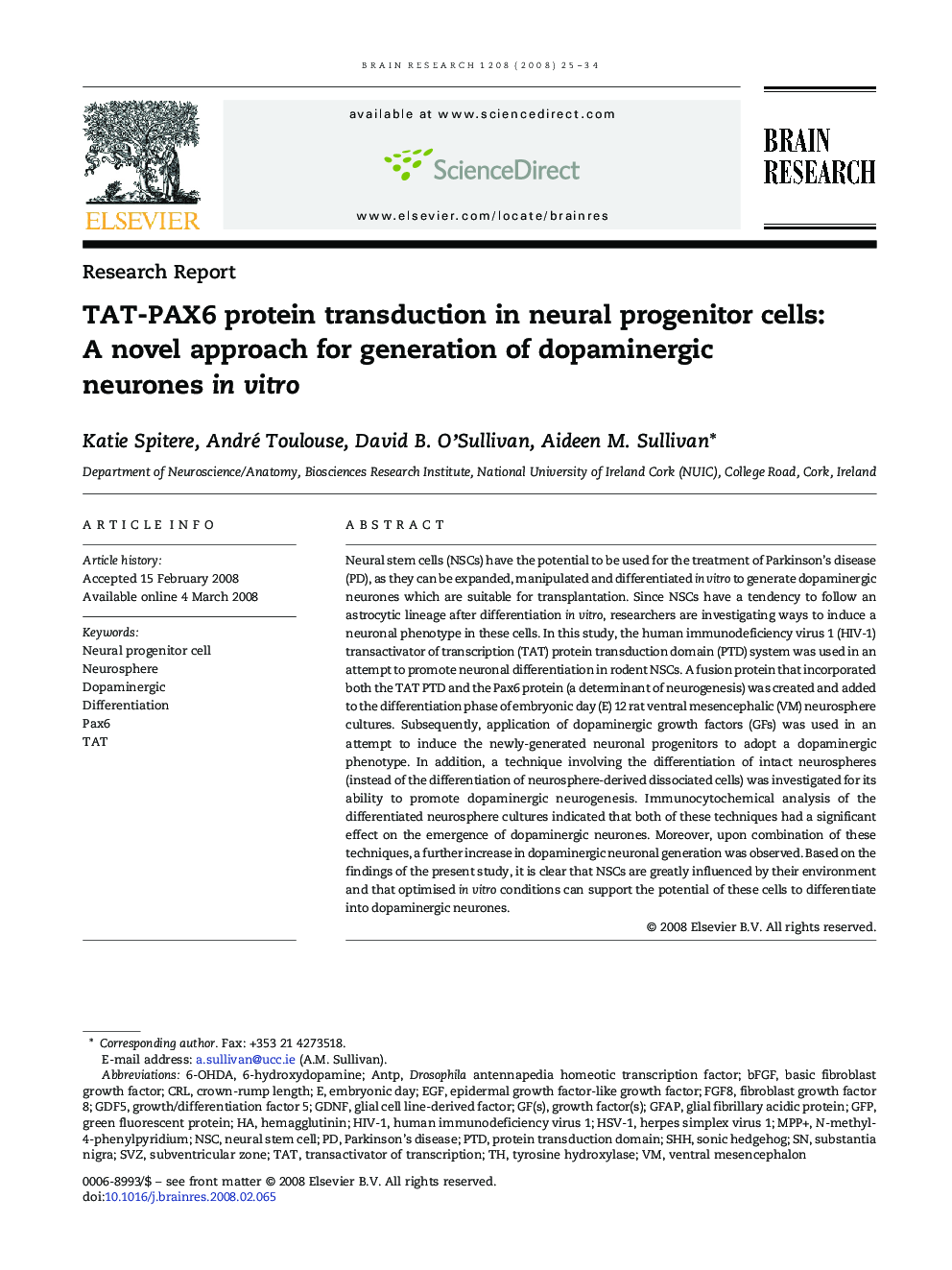 TAT-PAX6 protein transduction in neural progenitor cells: A novel approach for generation of dopaminergic neurones in vitro