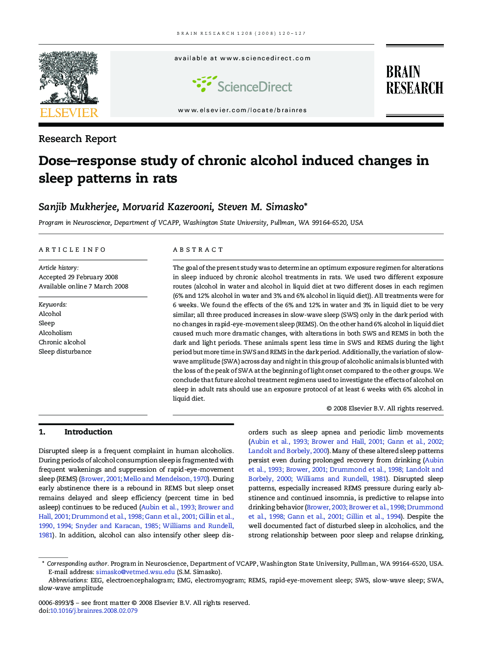 Dose–response study of chronic alcohol induced changes in sleep patterns in rats