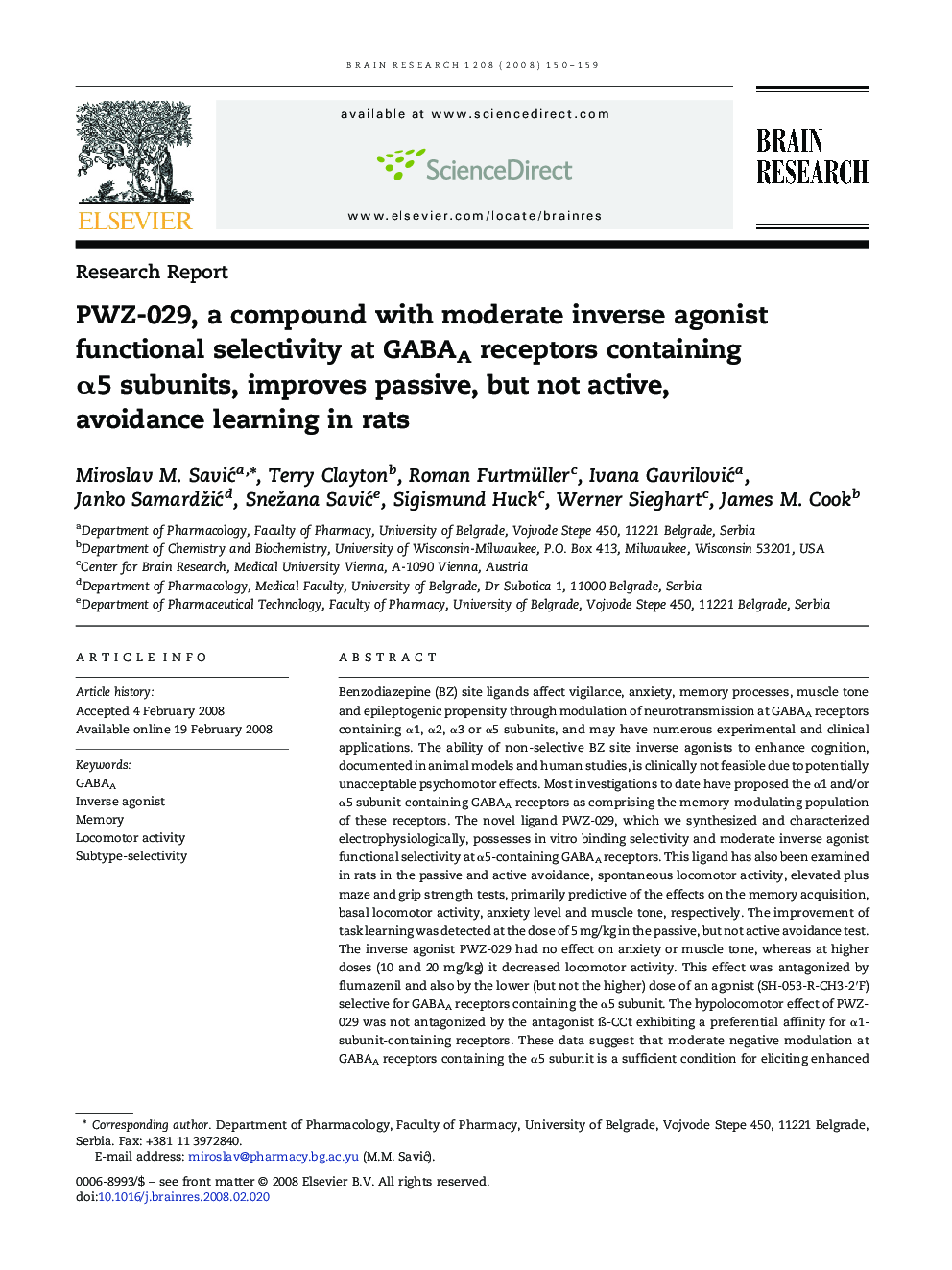 PWZ-029, a compound with moderate inverse agonist functional selectivity at GABAA receptors containing α5 subunits, improves passive, but not active, avoidance learning in rats