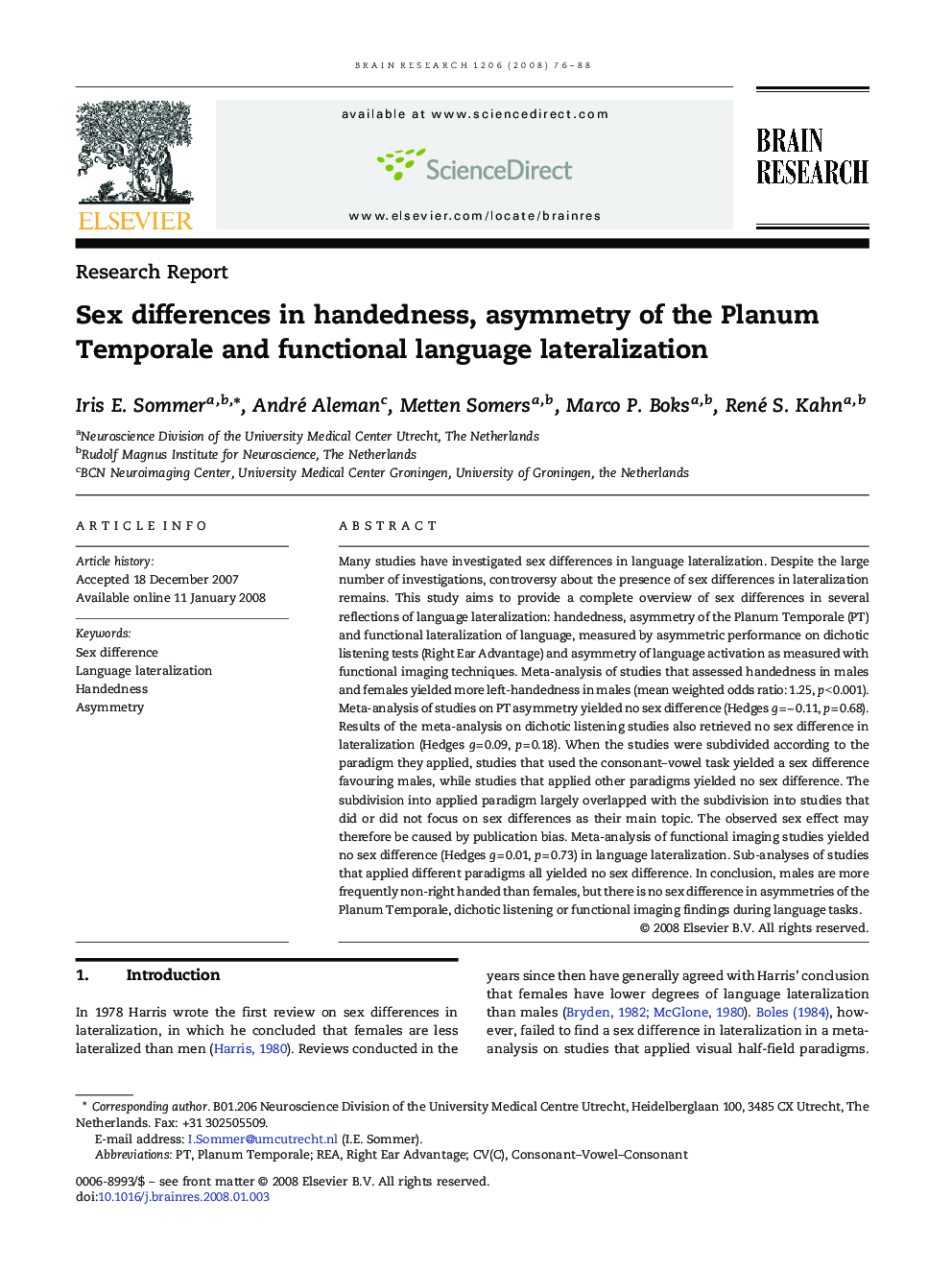 Sex differences in handedness, asymmetry of the Planum Temporale and functional language lateralization