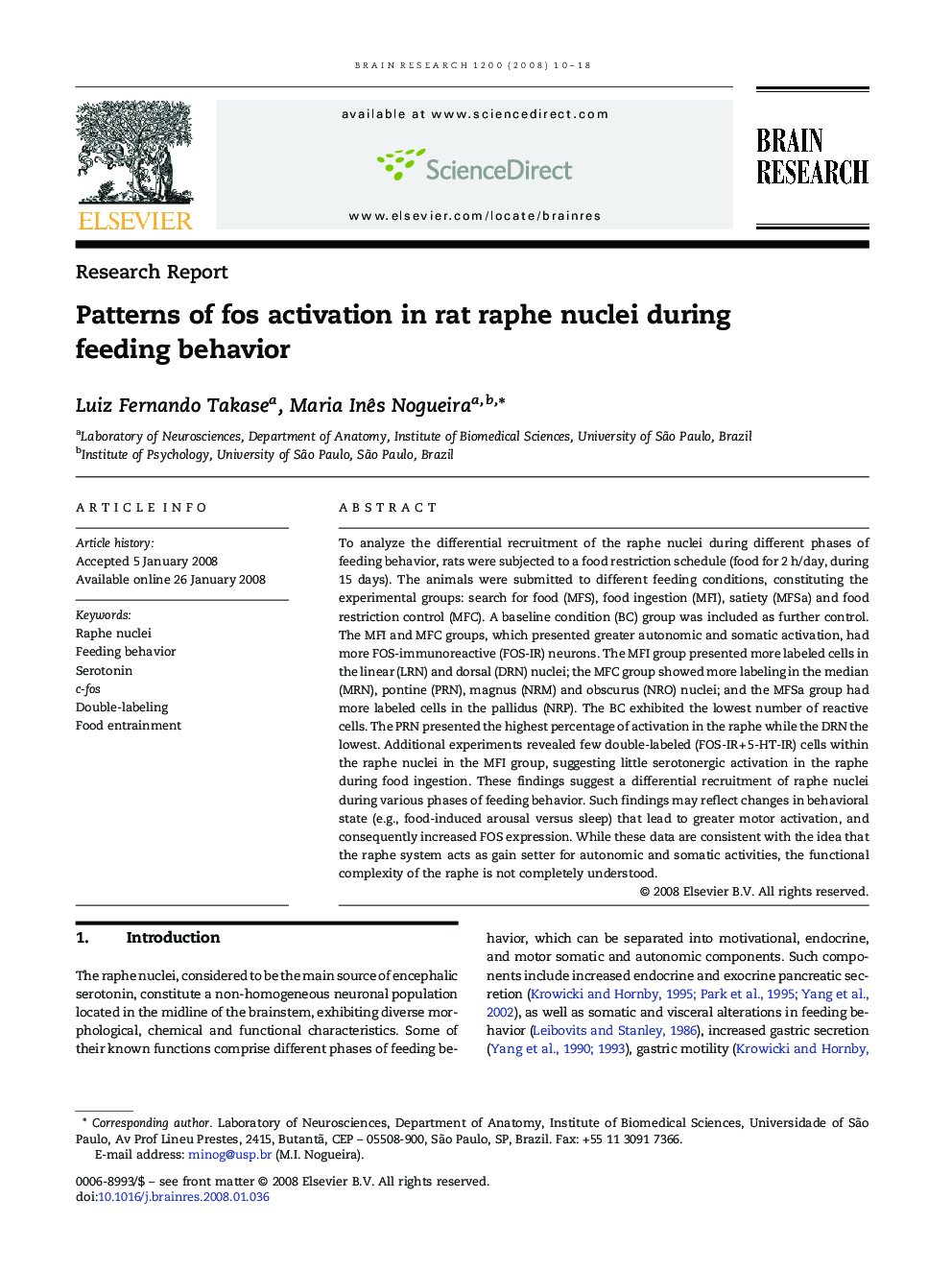 Patterns of fos activation in rat raphe nuclei during feeding behavior