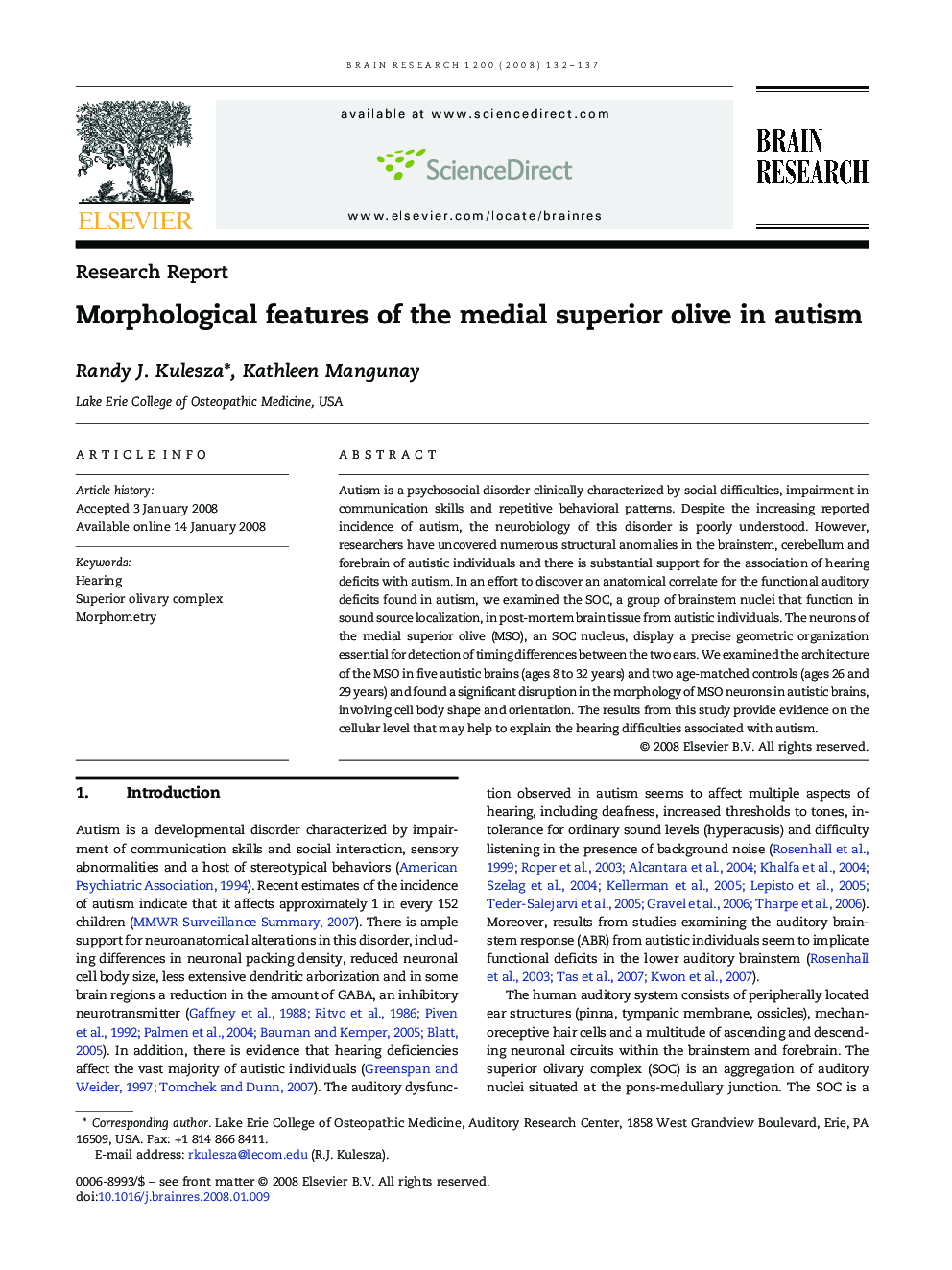 Morphological features of the medial superior olive in autism