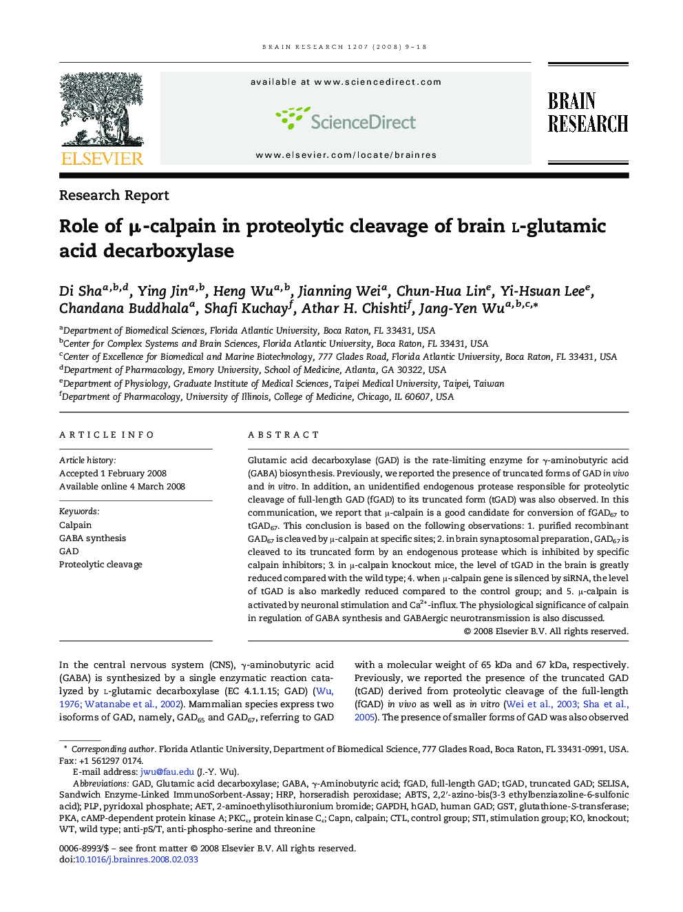 Role of Î¼-calpain in proteolytic cleavage of brain l-glutamic acid decarboxylase