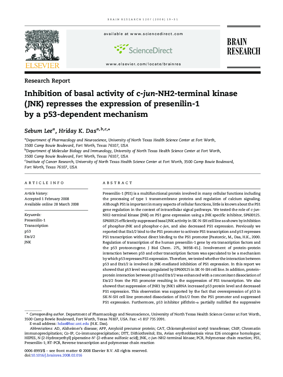 Inhibition of basal activity of c-jun-NH2-terminal kinase (JNK) represses the expression of presenilin-1 by a p53-dependent mechanism