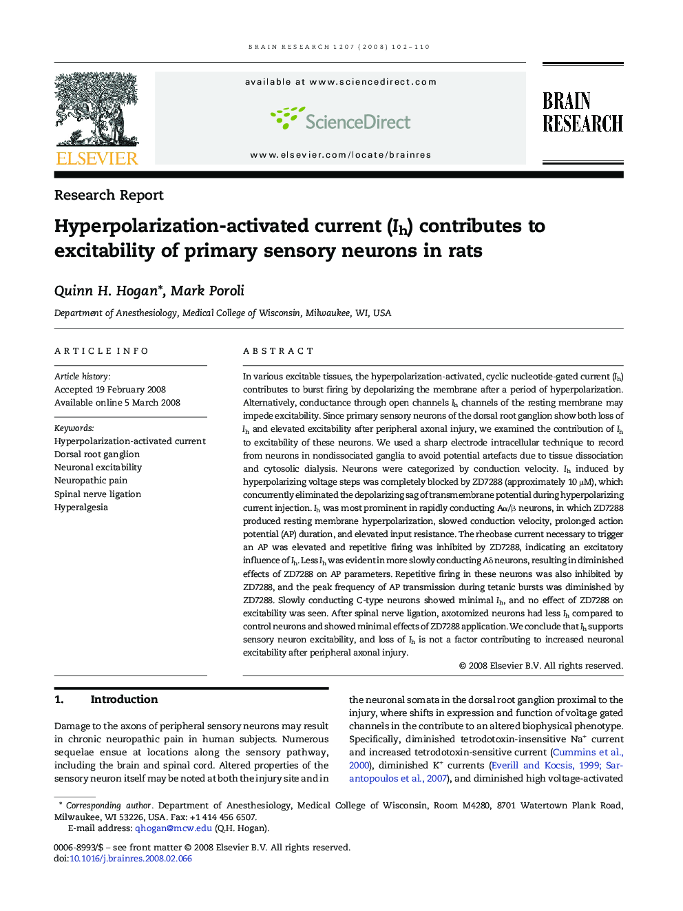 Hyperpolarization-activated current (Ih) contributes to excitability of primary sensory neurons in rats