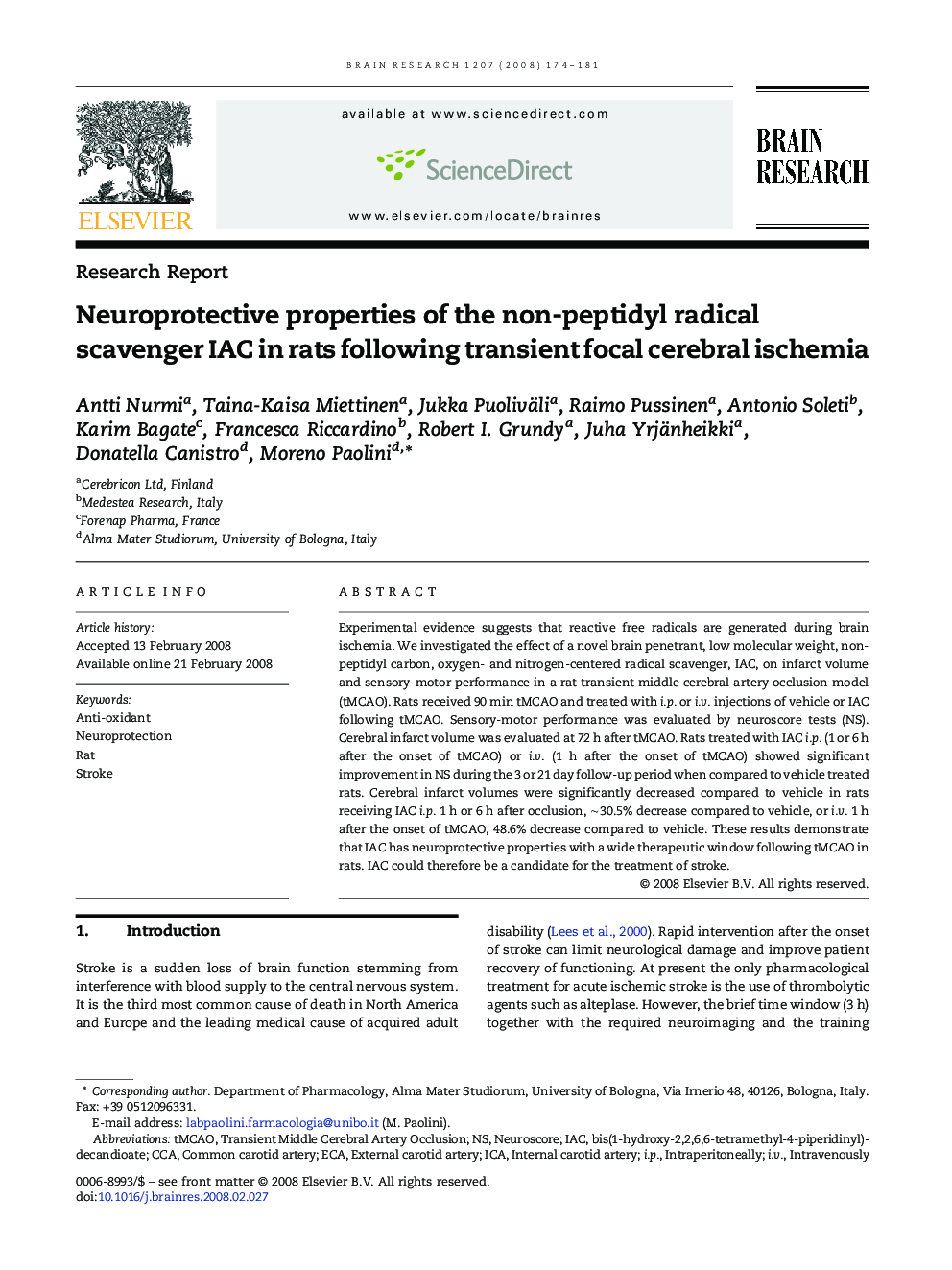 Neuroprotective properties of the non-peptidyl radical scavenger IAC in rats following transient focal cerebral ischemia