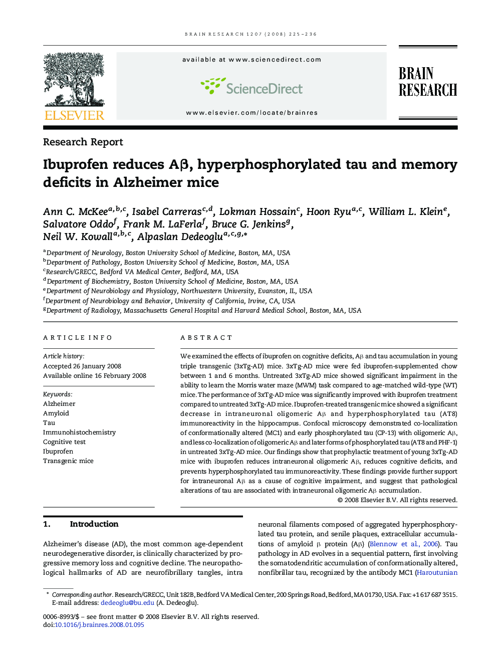 Ibuprofen reduces Aβ, hyperphosphorylated tau and memory deficits in Alzheimer mice