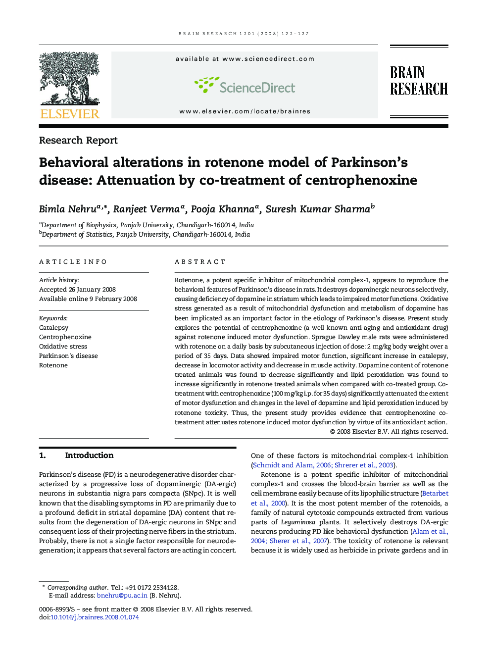 Behavioral alterations in rotenone model of Parkinson's disease: Attenuation by co-treatment of centrophenoxine