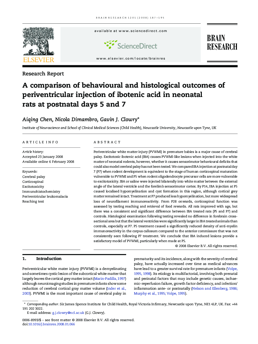A comparison of behavioural and histological outcomes of periventricular injection of ibotenic acid in neonatal rats at postnatal days 5 and 7