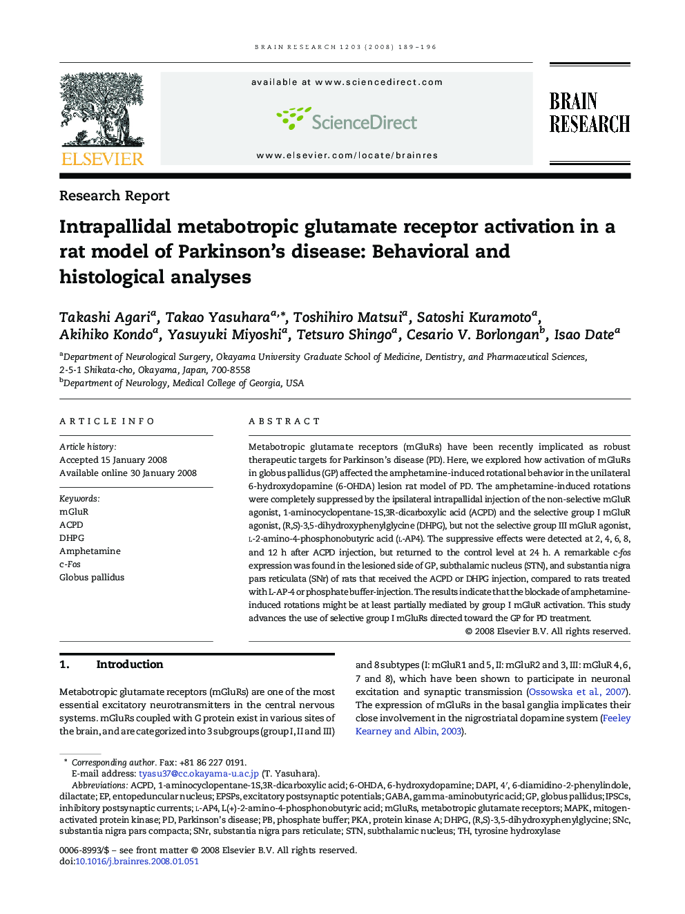 Intrapallidal metabotropic glutamate receptor activation in a rat model of Parkinson's disease: Behavioral and histological analyses