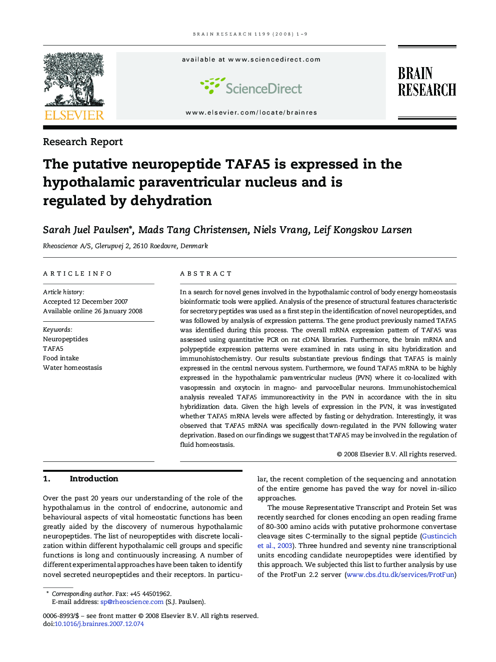 The putative neuropeptide TAFA5 is expressed in the hypothalamic paraventricular nucleus and is regulated by dehydration