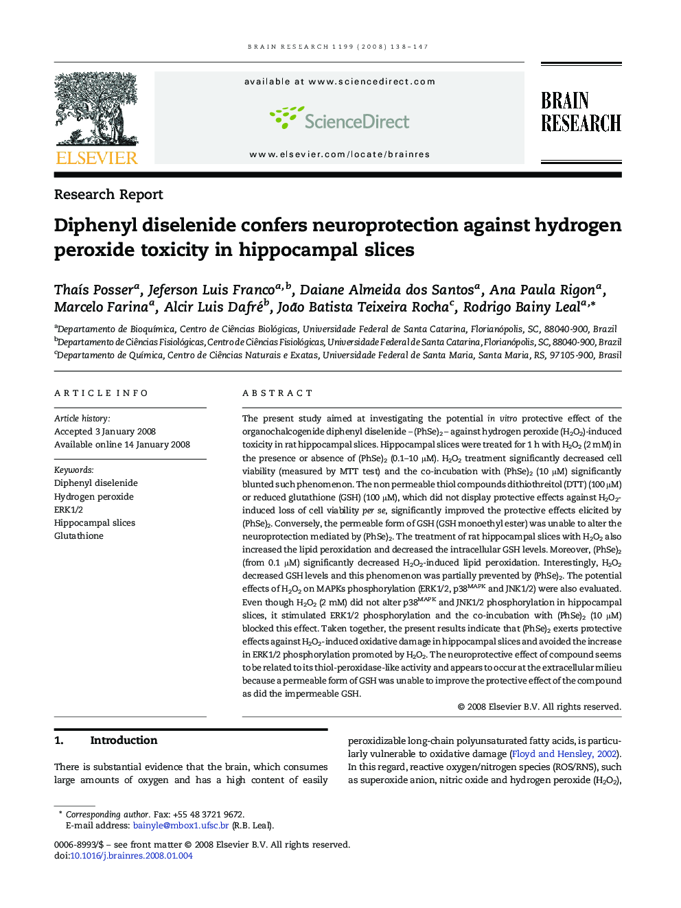 Diphenyl diselenide confers neuroprotection against hydrogen peroxide toxicity in hippocampal slices