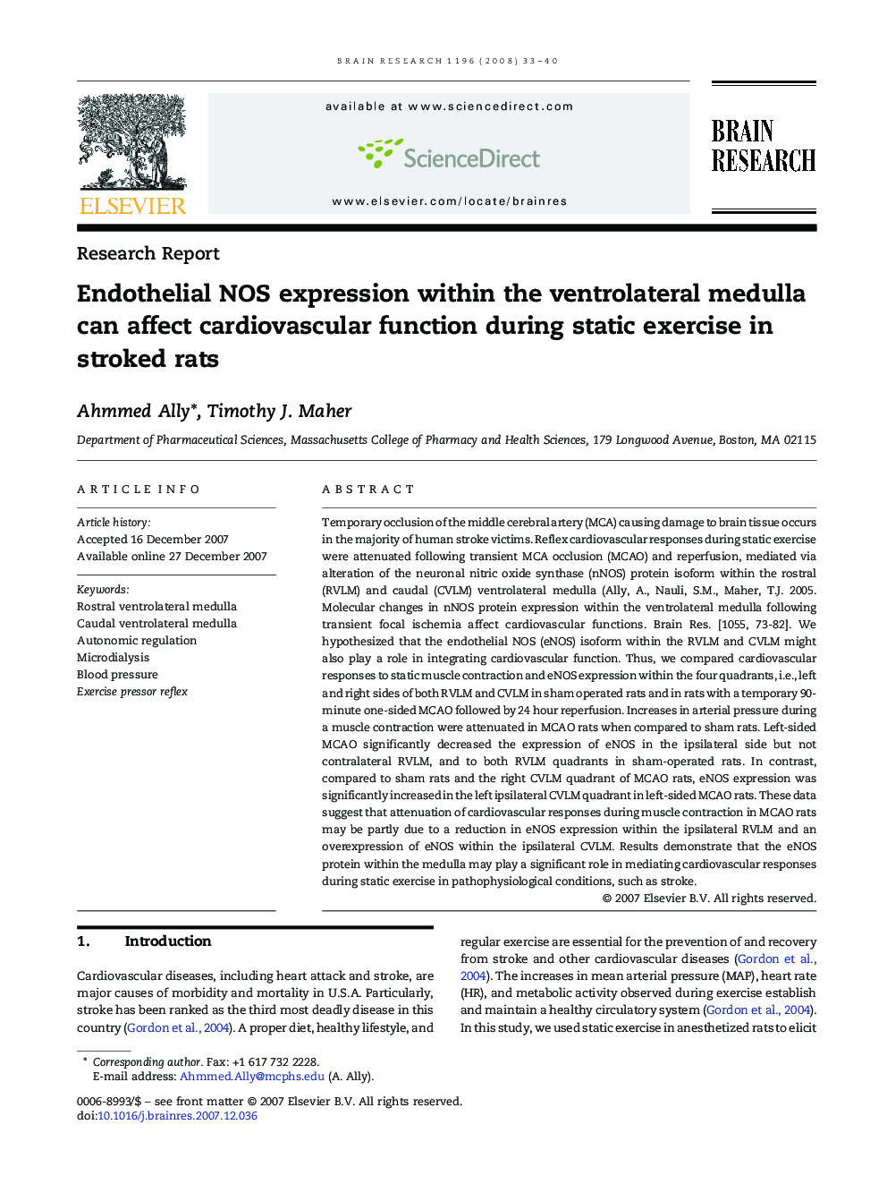 Endothelial NOS expression within the ventrolateral medulla can affect cardiovascular function during static exercise in stroked rats