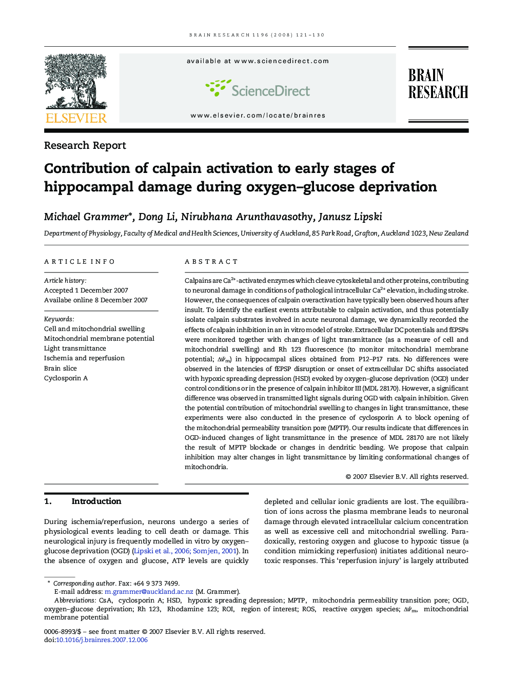 Contribution of calpain activation to early stages of hippocampal damage during oxygen-glucose deprivation