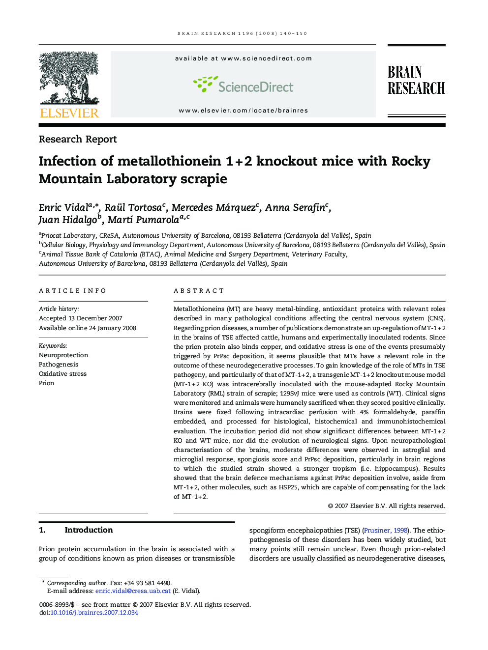 Infection of metallothionein 1Â +Â 2 knockout mice with Rocky Mountain Laboratory scrapie