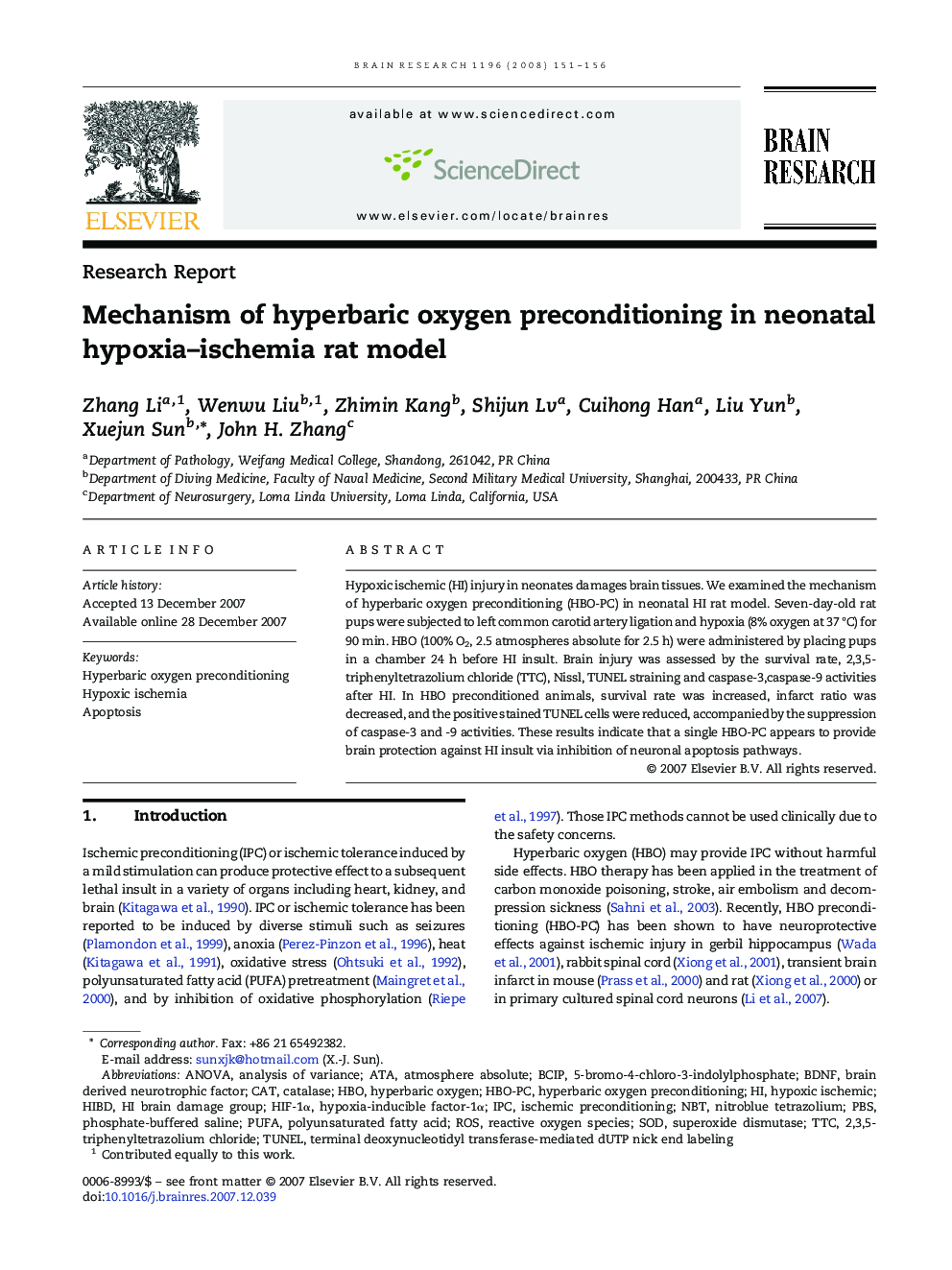 Mechanism of hyperbaric oxygen preconditioning in neonatal hypoxia-ischemia rat model
